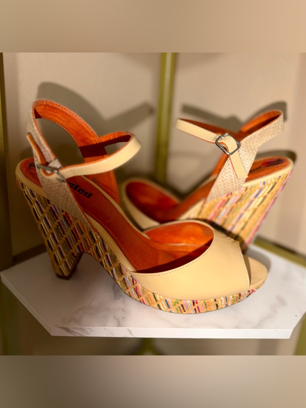 UNLISTED Yellow Peep Toe Platform Sandal with Multicolor Woven Heel